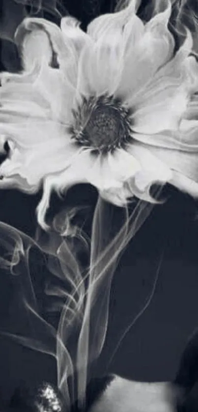 Artistic black and white wallpaper with a smoke-formed flower design.