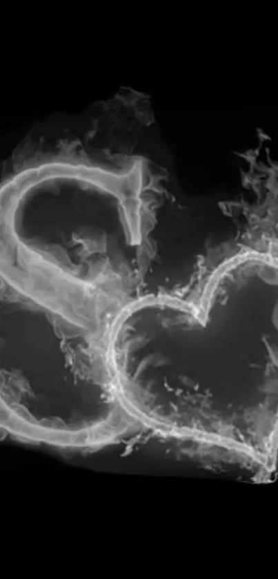 Ethereal smoke heart on a dark background with letter S.