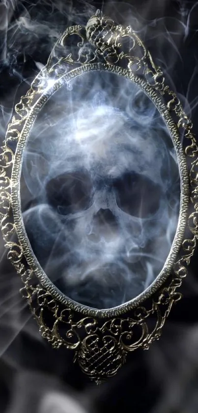 Ethereal smoke skull in ornate mirror on dark background.