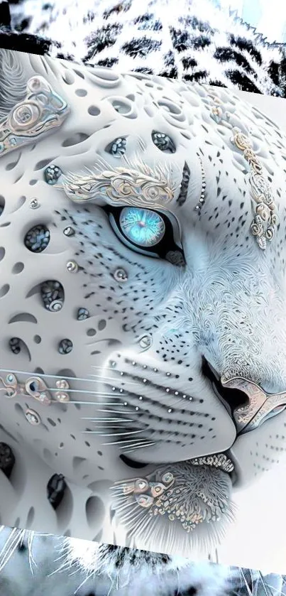 Artistic snow leopard with intricate patterns and bright blue eyes.