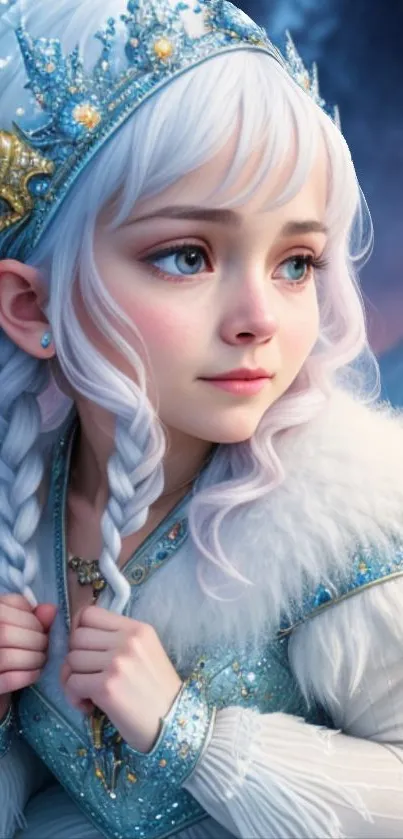 Ethereal snow princess with braided hair and jewels.