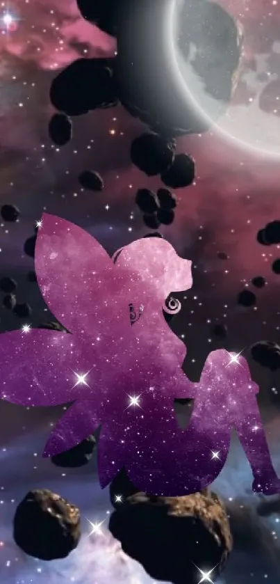 Fairy silhouette among asteroids in space fantasy art.