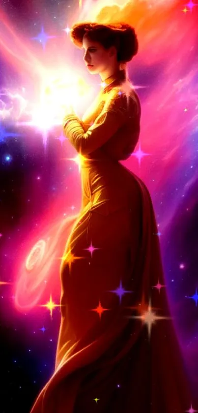 Ethereal depiction of a space goddess with colorful cosmic background.