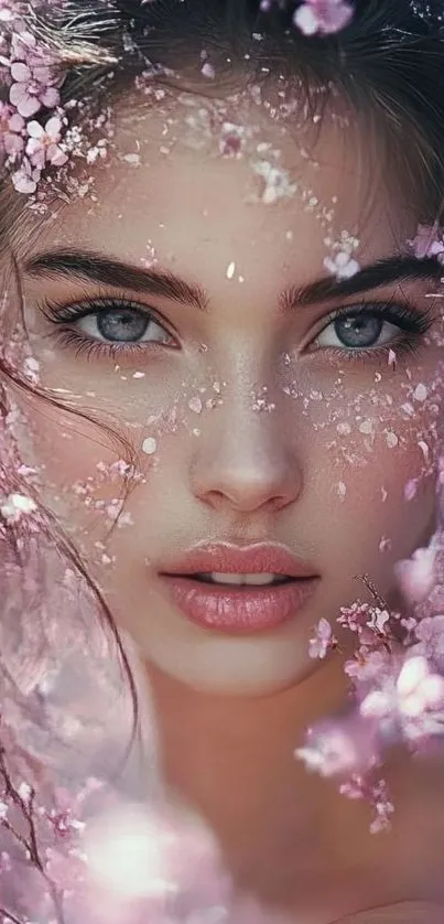 Ethereal portrait with pink blossoms.