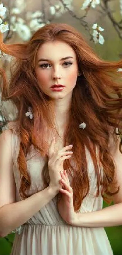 Ethereal portrait of woman with long hair among spring blossoms.