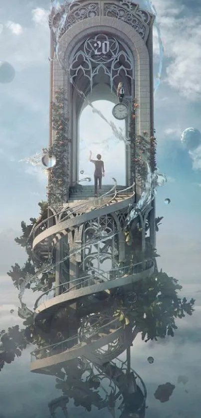 Surreal staircase with planets in ethereal fantasy art wallpaper.