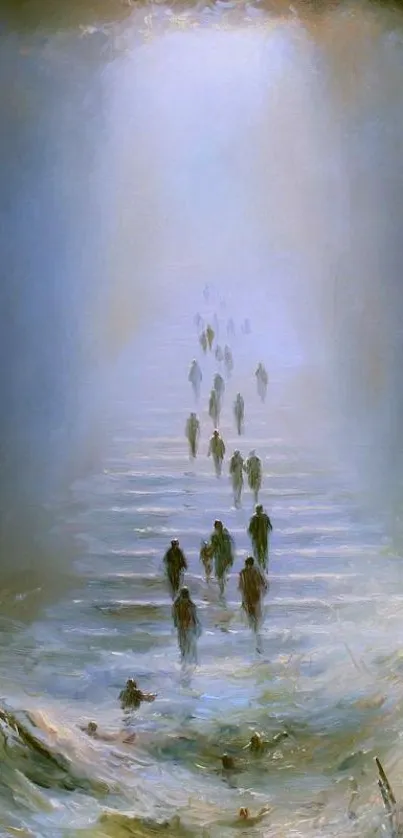 Ethereal figures ascending misty path in soft blue hues.