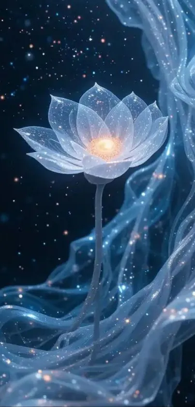 A stunning lotus glows in a starry night, creating an ethereal phone wallpaper.