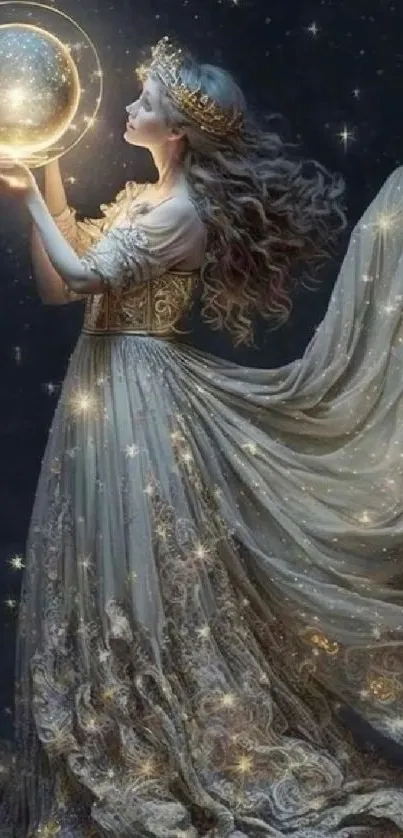 A mystical princess holding a glowing orb in a starry night sky, in an ethereal dress.