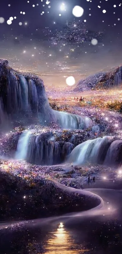 Mystical waterfall with starry night sky and ethereal glow in a fantasy landscape.