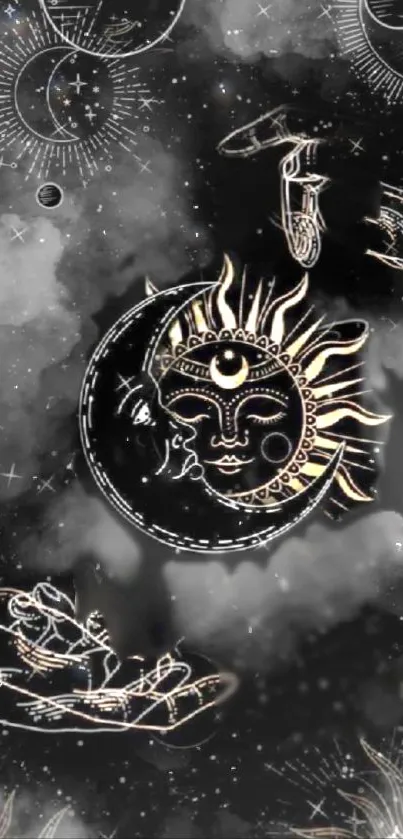 Ethereal sun and moon design with cosmic elements as mobile wallpaper.