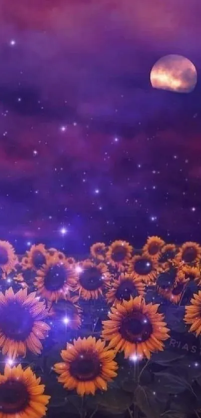 Starry night sky with sunflowers and a glowing orange moon.