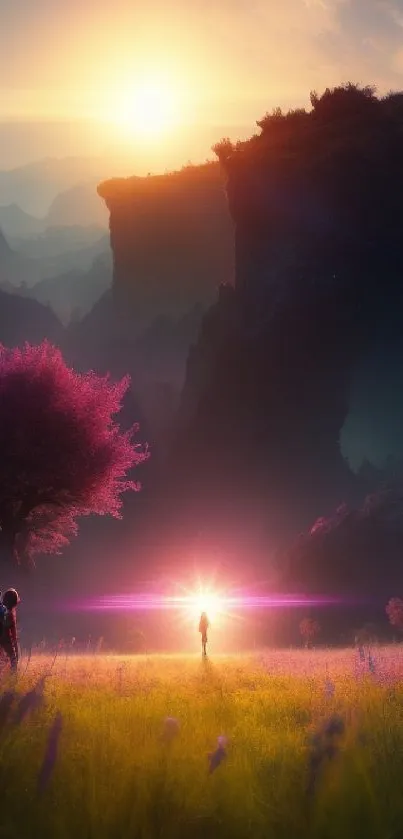 Ethereal landscape at sunset with glowing light and purple trees.