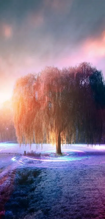 Ethereal sunset with glowing tree and light trails in a mystical landscape.
