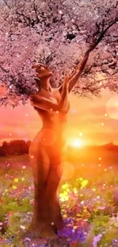 Surreal sunset scene with a figure resembling a tree amidst colorful blossoms.