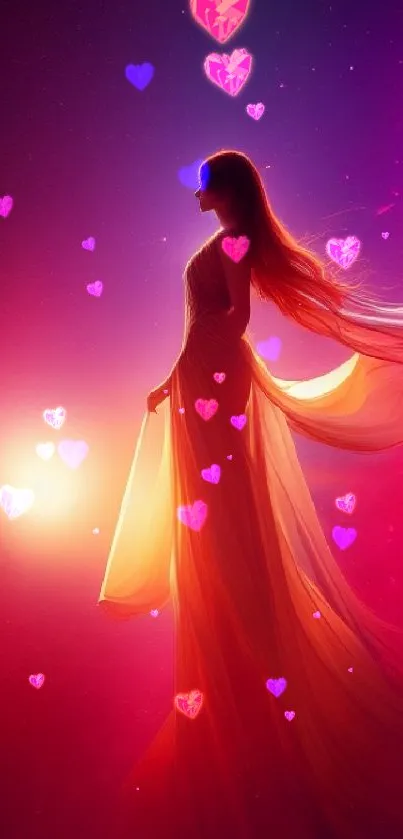 Silhouette against a vivid cosmic sunset with flowing dress.