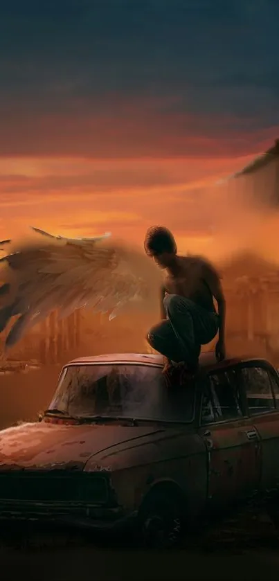 Angelic figure with wings at sunset on a vintage car, set against an ethereal backdrop.