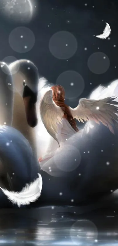 Ethereal artwork of an angel and swan in moonlight.