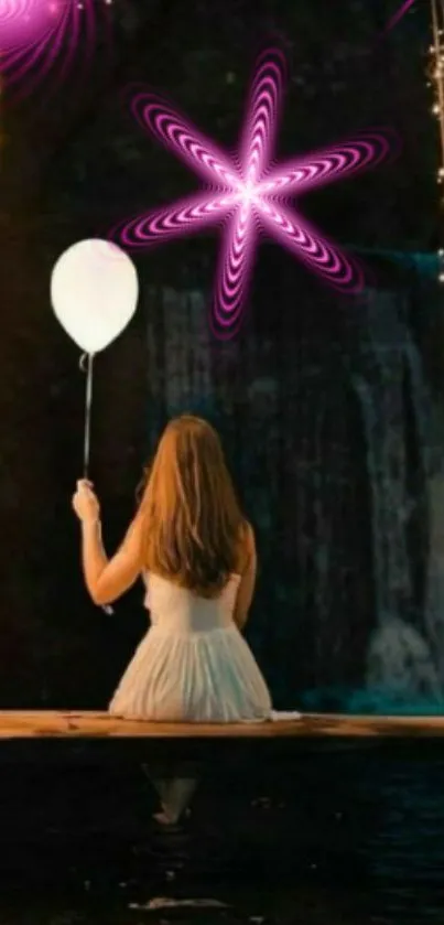 Girl on swing with a glowing balloon, surrounded by lights and pink patterns.