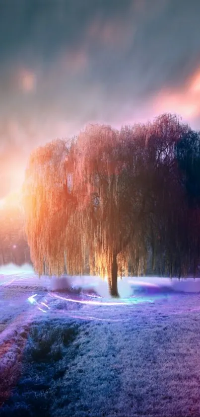 Ethereal tree lit by dawn light in colorful frosty landscape mobile wallpaper.