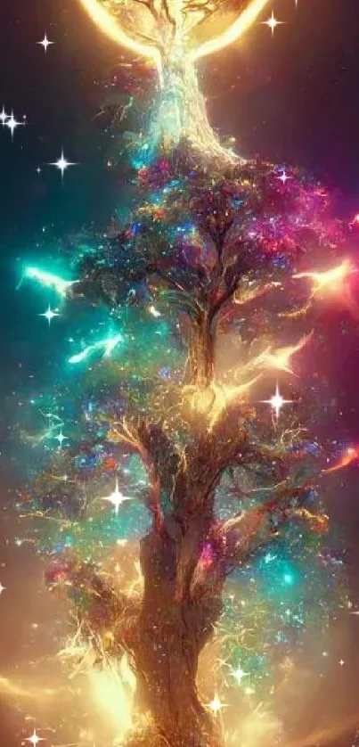 Ethereal tree with golden light and vibrant colors in a magical digital artwork.