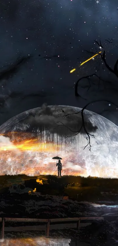 Ethereal scene with figure beneath umbrella against a cosmic moonlit background.