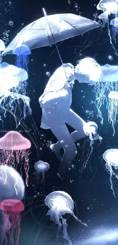 Artistic underwater scene with figure and glowing jellyfish.