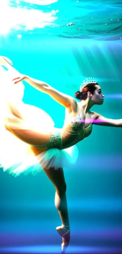 Underwater ballerina in teal lighting performing a graceful dance.