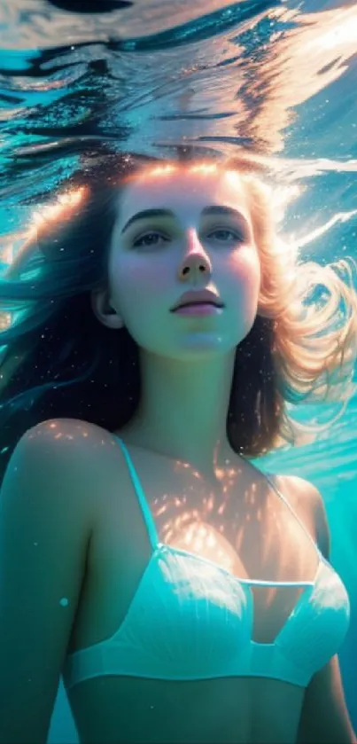 Underwater portrait of a serene woman in shimmering blue water.