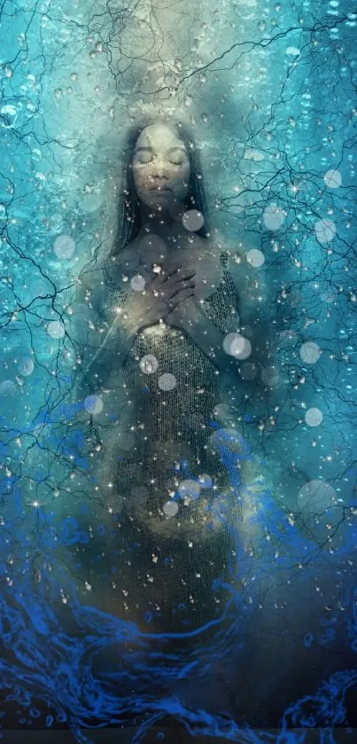 Ethereal woman submerged in blue water with bubbles around her.