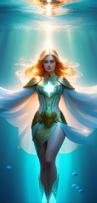 Ethereal woman in an underwater fantasy scene with glowing ocean light.