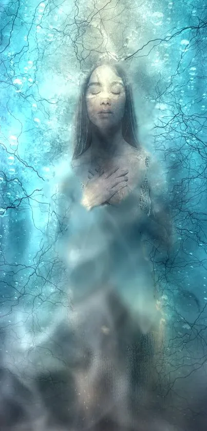 Ethereal fantasy art of a serene figure underwater with mystical blue tones.