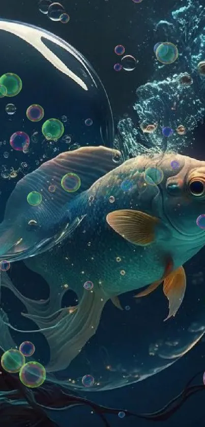 Ethereal wallpaper of goldfish in bubbles underwater.