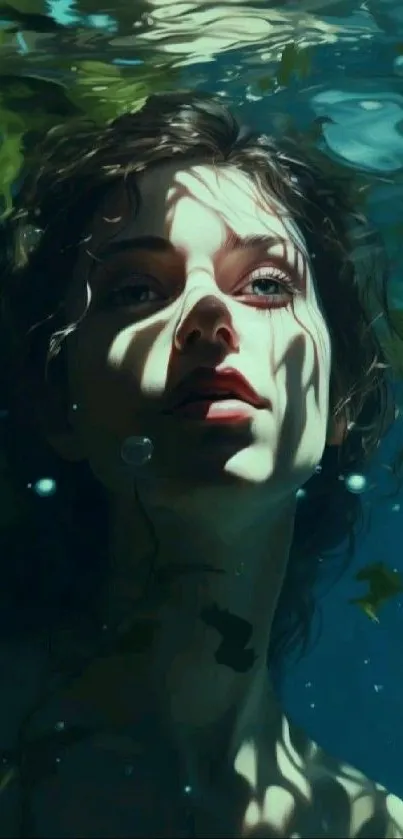 Ethereal portrait of a woman submerged underwater, capturing serene light and shadows.