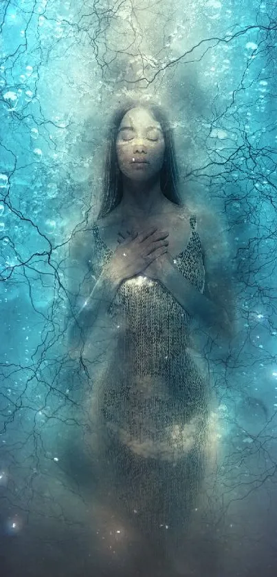 Ethereal figure underwater with blue bubbles in a serene mobile wallpaper.