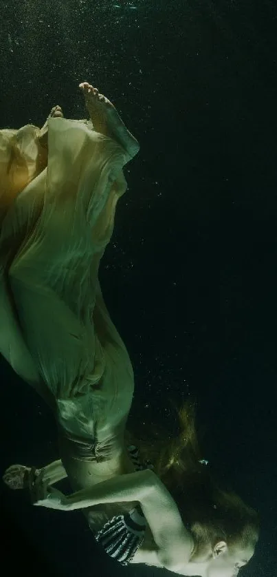 Ethereal figure in flowing dress underwater, teal background.