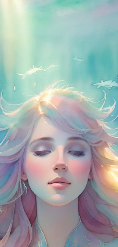 Ethereal artwork of serene figure underwater with pastel hues and flowing hair.