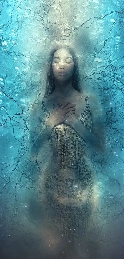 Ethereal woman in tranquil underwater scene with bubbles.