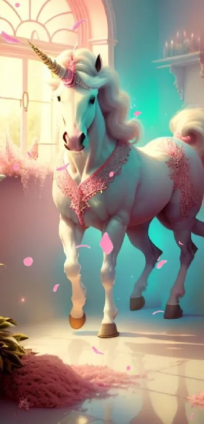 Ethereal unicorn with pastel colors in a magical setting.