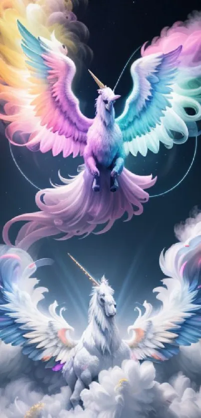 Ethereal unicorns with colorful wings amidst clouds, perfect for fantasy lovers.