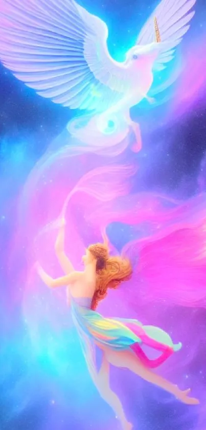 Ethereal art with unicorn and fairy in vibrant colors on a celestial background.