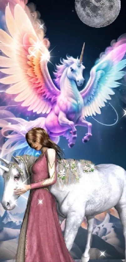 Ethereal unicorn fantasy with colorful wings under a mystical night sky.