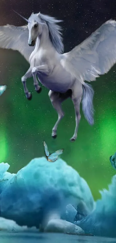 Majestic unicorn flies over icy landscape with auroras.