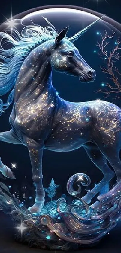 Ethereal unicorn enclosed in a galaxy sphere, exuding fantasy and magic.