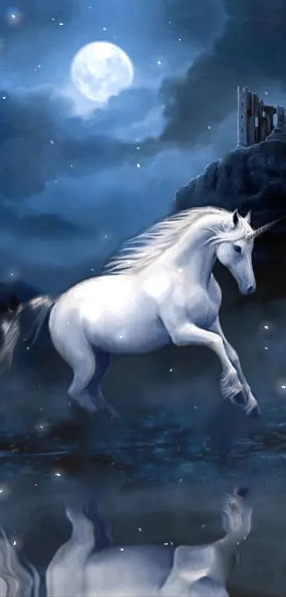 Magical unicorn galloping under moonlight in fantasy scenery.