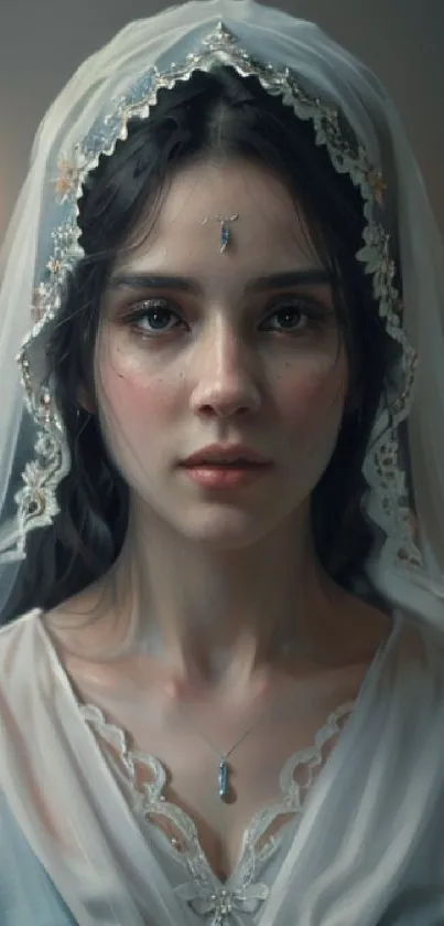 Young woman in veil with serene expression, soft white tones.