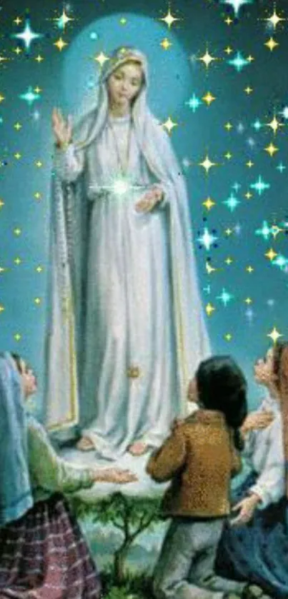 Divine figure with stars and children in tranquil blue setting.