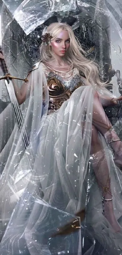 Ethereal warrior princess seated in a mystical setting with a sword.