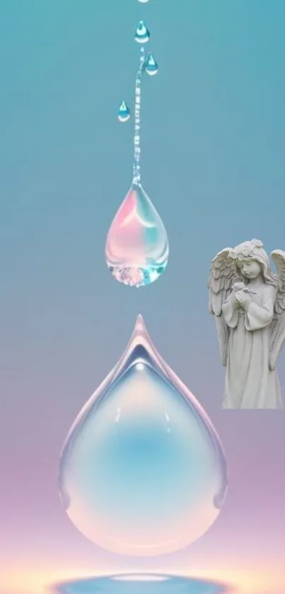 Ethereal mobile wallpaper with water droplet and angel statue.