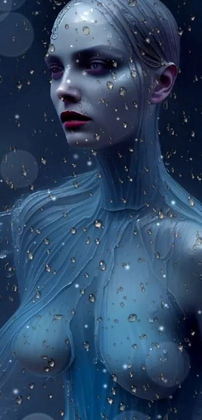 Ethereal figure with raindrops in moody artistic wallpaper.